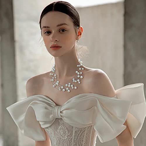 Layered Pearl Necklace Multi-Strand Pearl Choker Necklaces For Women Beaded Jewelry For Wedding Parties(White) #TOP2
