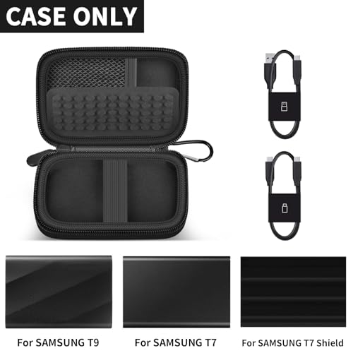 Étui compatible avec disque dur externe Samsung T9/T7/T7 Shield portable SSD 1 To, 2 To, 4 To, support de rangement de voyage pour disques SSD et câble USB (boîte uniquement) - Noir