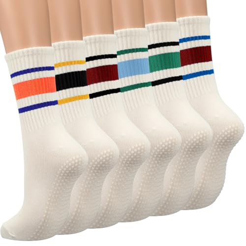 6 Pairs Pilates Socks with Grips for Women Cotton Non-slip Yoga Crew Athletic Socks for Barre Dance Exercise Gifts