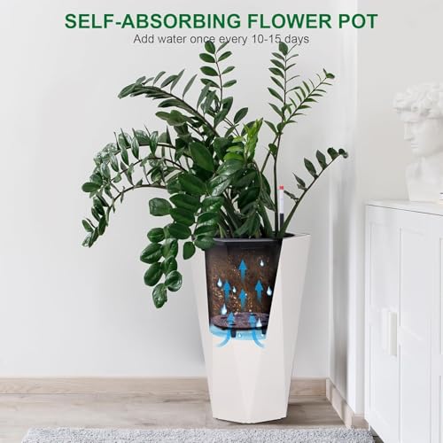 Self Watering Planters Set of 2, 22.5 Inch Tall Diamond Design, with Water Level Monitor, Indoor Outdoor Flower Pots for Patio, Porch, Living Room, Home Office, White by PeakPursuit - Image 4