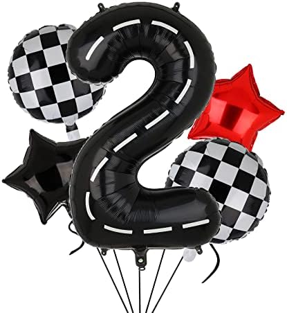 Race Car Theme 2nd Birthday Checkered Foil Balloons for Boys Large Number 2 and Star Balloon 2 Year Old Birthday Anniversary Party Decorations Supplies Black Red