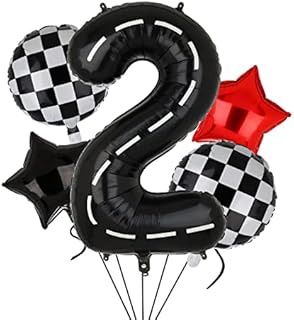 Race Car Theme 2nd Birthday Checkered Foil Balloons for Boys Large Number 2 and Star Balloon 2 Year Old Birthday Anniversary Party Decorations Supplies Black Red