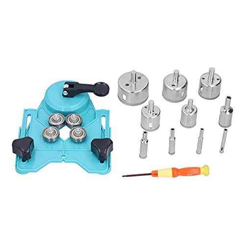 Hollow Drill Hole Saw Set with Drilling Bits and Tile Opener, Adjustable Drill Guide Fixture, 10 Different Sizes of Drill Bits, Industrial Grade Carbon Steel for Glass (Light Blue)