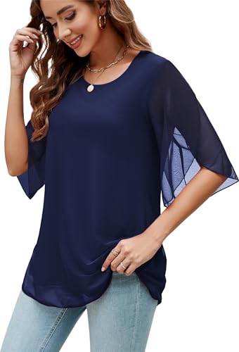 Actcat Damen Mesh Rüschen Blusewith 3/4 Ärmel - Umstandsbluse Elegante Flowy Top mit Crinkle Stretch fabric for Damen