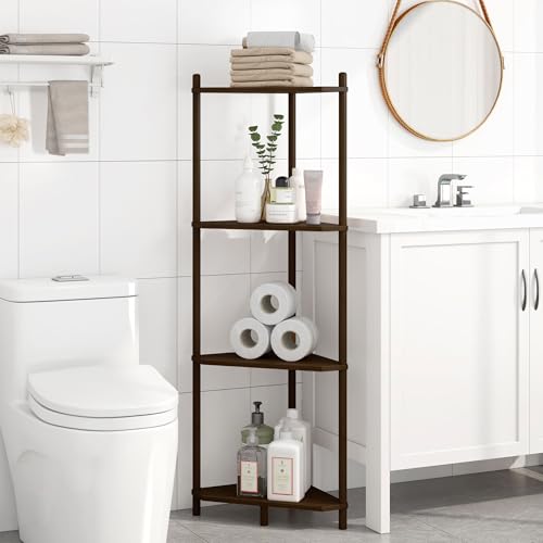 Corner Shelf Stand - 4 Tier Walnut Bamboo Small Corner Bookshelf for Office Kitchen Bedroom Plant Stand Living Room Decor Small Space by Wisuce - Image 5