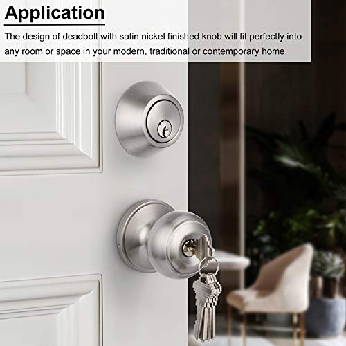 Decoriten Brushed Nickel Single Cylinder Handleset Combo Pack, Keyed Alike Entry Knobs With Deadbolts, Exterior/Interior Hardware For Outside Gate And Front Door, Pack Of 1 - Keyed On One Side #TOP3