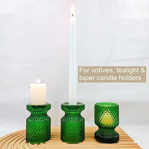 Tealight Candle Holder Set of 3 for Table Centerpieces, Candlestick Holder Tea Light Holder for Wedding Dinning Party, Glass Votives Taper Candle Holders (8 x 5.8 cm, Green)