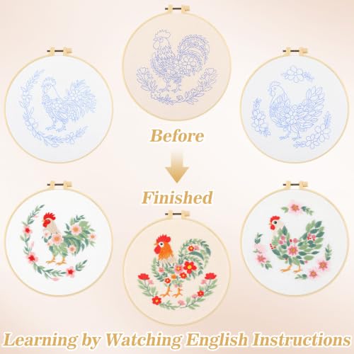 Image of Mindsoft 3 Set Needlepoint Kit for Beginners with Hoop,Flower Rooster | Bamboo Hoop Thread Needles Instructions, Easy Hand Embroidery for Beginners Home Crafts,Pre-stamped Funny Cute Designs