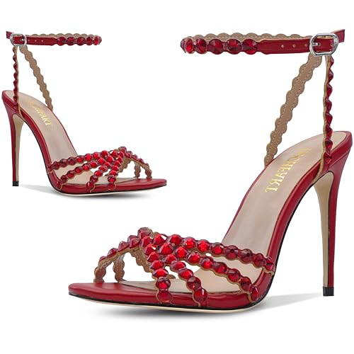 Image of HOCHFART Women's Rhinestone Stiletto High Heels Buckle Strappy Heeled Sandals Round Toe Sexy Dressy Pumps Shoes