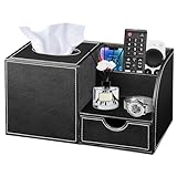 Nightstand Organizer with Tissue Holder,PU Leather Square Tissue Box Cover,Modern Facial Paper Organizer Storage Box for Remote Control,Bathroom,Vanity Countertop,End Table Home Office.Black
