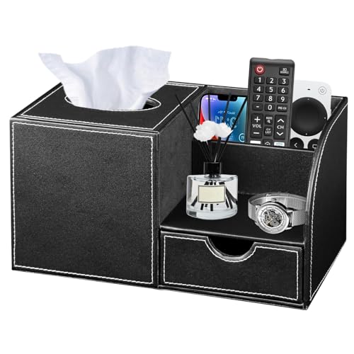 Nightstand Organizer with Tissue Holder,PU Leather Square Tissue Box Cover,Modern