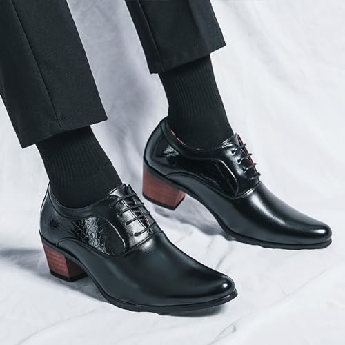 Men's Leather Derby Oxfords Shoes Classic Lace-up Low Top Pointed Toe Embossed Block High Heel Business Wedding Dress Shoes (Black Matte Leather,6,Male) by Lossarye - Used condition - Image 6
