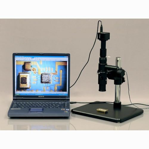 Image of AmScope H800-5M Digital Monocular Inspection Microscope, 0.7X-5.0X Zoom Objective, 11X-80X Magnification, 4-1 /8 inch Working Distance, Pillar Stand, 110V-240V, Includes 5MP Camera with Reduction Lens and Software
