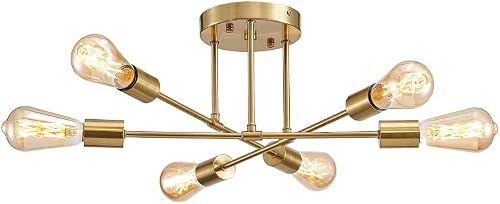 Sputnik Chandelier ,Mid Century Modern Light Fixture,Semi-Flush Mount Ceiling Light Fixture,6-Light Pendant Hanging Light for Dining Room, Bedroom, Kitchen, Restaurant, Farmhouse, Office (brass)