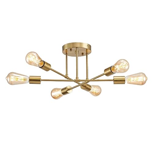 Sputnik Chandelier ,Mid Century Modern Light Fixture,Semi-Flush Mount Ceiling Light Fixture,6-Light Pendant Hanging Light For Dining Room, Bedroom, Kitchen, Restaurant, Farmhouse, Office (Brass) #TOP1