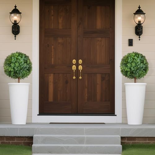 VEVOR Artificial Topiary Boxwood Trees with Ground Spike, 27 inch 2 Set Faux Shrubs & Bushes Potted Plants, Fake Silk Tree Look Real for Decor Front Porch Outdoor Indoor Patio Garden Balcony Backyard by VEVOR - Image 2