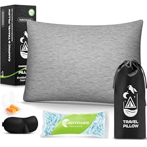 CushyOasis All in 1 Camping Pillow Set Shredded Memory Foam Neck Pillow Travel Pillow with Eye Mask Earplugs Washable Cover Compact for Backpacking Camping Flights Car Travel Small Size