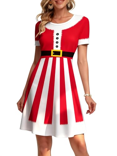 VVNTY Christmas Dress for Women: Holiday Party Dress Ugly Christmas Dresses Xmas Print Short Sleeve Shirts