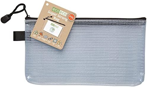 eco-eco Small DL 95% Recycled Super Strong Bag, Waterproof Mesh Tuff Bag, Reinforced Black Zip Closure, Black/Clear