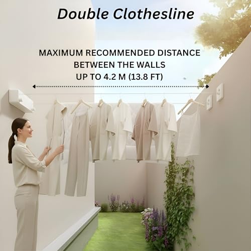 Image of Wall Mounted Retractable Clothes Line (4.2 Meter x 2 Lines) Heavy Duty Double Clothesline, Adjustable Rope for Drying Clothes for Indoor & Outdoor, Laundry Washing Line for Compact Space