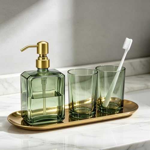 Image of Green Glass Soap Dispenser Square 13.5 oz Hand Soap Dispenser | Rectangular, Rust Proof Stainless Steel Pump, Refillable, For Bathroom Vanity & Kitchen Countertop