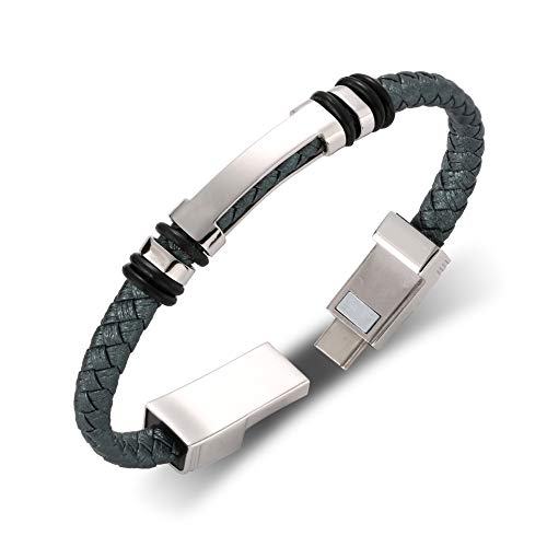 LOSSOT USB Charging Bracelet Data Charging Cord for iPhone Men- Retro H Bracelet Data Cable Bracelet -Durable Braided Leather Charging Wrist Cuff USB 8.6"