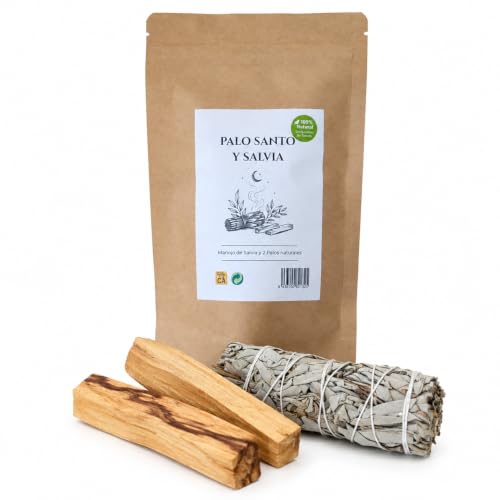 Palo Santo y Salvia Blanca Natural para Quemar - Manojo de Salvia + 2 Palos de Palo Santo - Kit Ritual de Limpieza Energética, Meditación y Aromaterapia