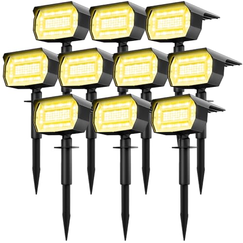 LOTMOS Solar Spot Lights Outdoor Waterproof IP67, 10 Pack Landscape Spotlights with 72 LEDs，3 Modes/ 2-in-1/Auto On/Off Solar Powered Flood Lights for Outside Garden Lawn Patio Driveway (Warm White)
