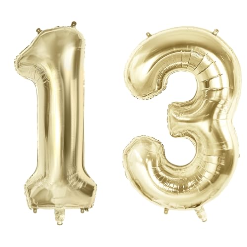 Number 13 Balloons for 13th Birthday Party Decorations, 40" Champagne Gold Foil Helium Balloons, 40 Inch 0-100 Anniversary Supplies for Girls Boys and Daughter Son