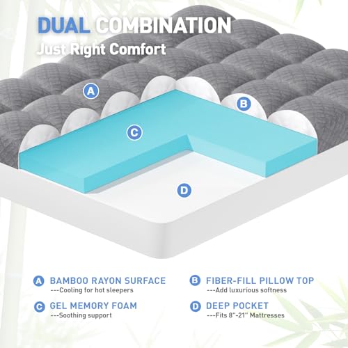 Image of Dual Layer 3 Inch Memory Foam Mattress Topper Twin Size, 2 Inch Cooling Gel Memory Foam Plus 1 Inch Pillow Top Mattress Pad Cover, with 8-21 Inch Deep Pocket Grey