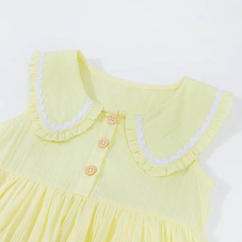 Image of HILEELANG Girls Cotton Dress Sleeveless Peter Pan Collar with Pockets | Soft Cotton, Functional Buttons, Front Pockets, Peter Pan Collar, Ric Rac Trim for Toddler & Little Girls
