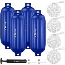 Boat Fenders 4 Pack 8.5 x 27 Inches Ribbed Twin Eyes Boat Fenders Bumpers for Docking, with Ropes and Pump to Inflate
