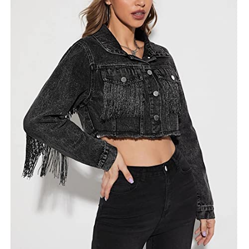 Bienmorn Womens Cropped Black Fringe Denim Jackets Retro Distressed Frayed Western Tasssel Cowgirl Jean Tops(0001-Black-L) #TOP3