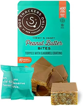 Peanut Butter Bites Topped with Caramel Coating - Gluten Free - Vegan Friendly - Non Dairy Kosher Pareve - 100 Calorie Snack - 10 Individually Wrapped Pieces in a Bag - For Snackers Only