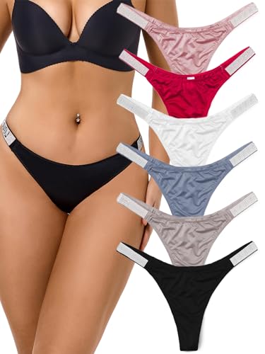 Rhinestone G-string Thongs for Women - Sexy Thong Underwear Stretch Breathable Low Rise Ice Silk Panties 6 Pack (US, Alpha, X-Large, Regular, Regular, A-6Pack 6 Colors)
