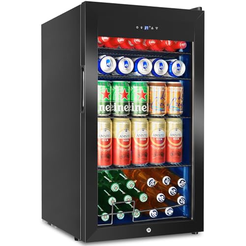 Image of Beverage Refrigerator 126 Can, Mini Beverage Fridge Small Beverage Cooler with Glass Door Safety Lock, Drink Fridge for Beer Soda Wine, Perfect for Dorm Office Hotel