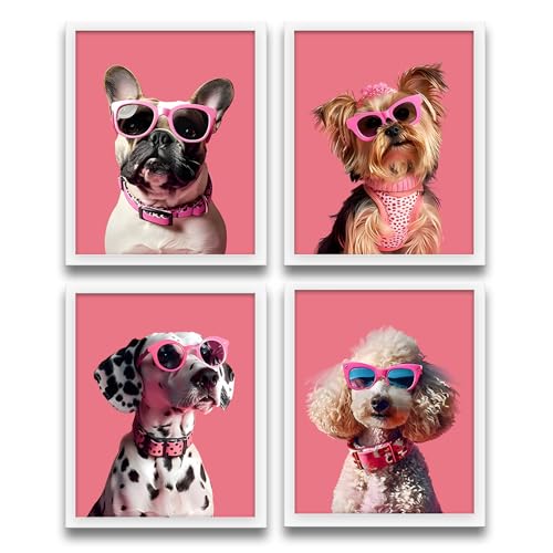 XUNLURY Trendy Funny Dog Wall Art Prints Unframed Set of 4, Funky Pink Sunglasses Puppy Dog Portrait Artwork Wall Pictures for Girls Room Dorm Apartment Home, 8x10
