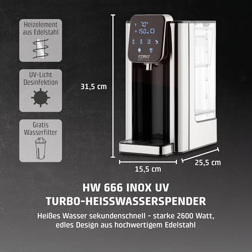 Foto von CASO HW 666 INOX UV - Heißwasserspender mit UV-Technologie, hygienische Wasserreinigung für Babynahrung, 40-100°C, 2600 Watt, 2,7 Liter, energiesparend, Heizelement aus Edelstahl, mit Wasserfilter