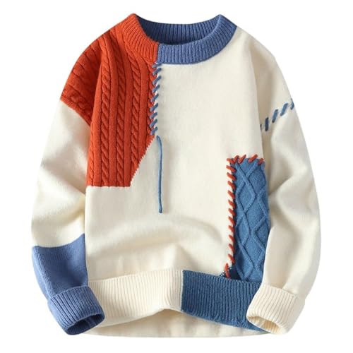 Mens Crewneck Pullover Patchwork Pullovers, Long Sleeve Crew Loose Knitwear, Men's Winter Warm Sweaters
