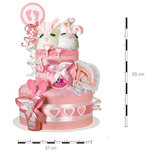 MomsStory - Windeltorte Mädchen | Haase | Baby-Geschenk zur Geburt Taufe Babyshower | 2 Stöckig (Rosa) mit Baby-Schuhchen Lätzchen Schnuller & mehr - Image 3
