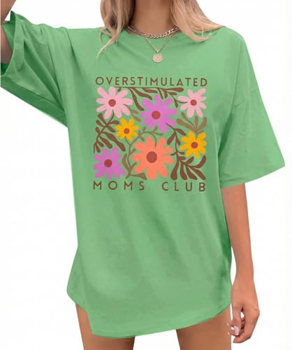 Women's Overstimulated Moms Club T-Shirt Vintage Floral Print Oversized Casual Tee Funny Mom Life Shirt