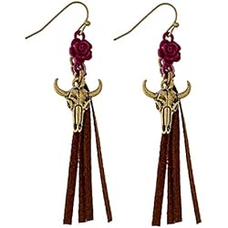 Pendientes colgantes de toro con pompón de ante marrón y rosa