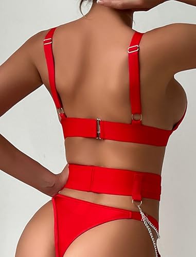 Image of Alrovetoney Sexy Lingerie Set For Women With Garter Belt 5 Pieces Strappy Bra and Panty Set Adjustable With Chain