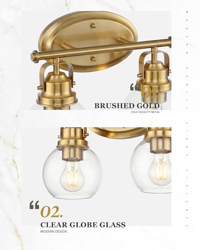 Image of Gold Bathroom Light Fixtures, 2-Light 14 inch Vanity Lights with Clear Globe Glass Shades, Farmhouse Vintage Vanity Lighting Fixtures Over Mirror, E26 Base, AD-2147-2W-BG