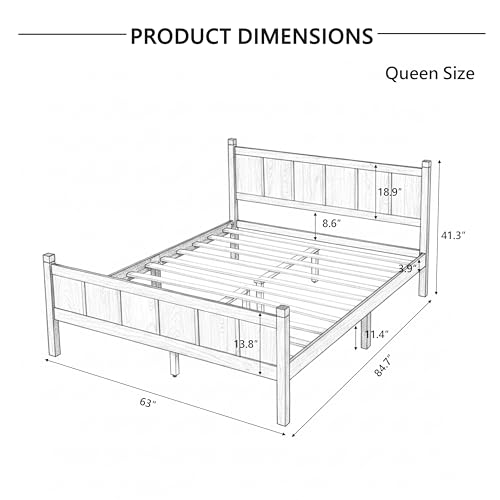 Image of Queen Size Vintage Bed Frame with Headboard, Farmhouse Wooden Platform Bed with Under-Bed Storage, Minimalist Modern Wood Grain Finish Bedframe for Bedroom (Dark Walnut)