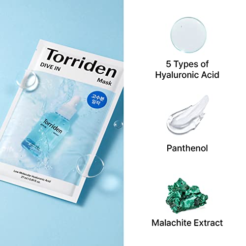Torriden Dive-In Low-Molecular Hyaluronic Acid Facial Sheet Masks 10Ea 100% Cellulose Sheets For Sensitive Dry Skin Fragrance-Free Alcohol-Free No Colorants | Vegan Clean Cruelty-Free #TOP3