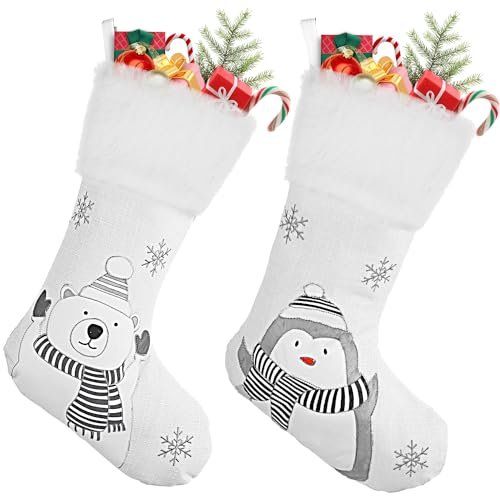 FINGOOO White Stockings Christmas, 2 Pack 19\" Cute Stockings Large Custom Xmas Stockings for Holiday Family Decorations (Penguins and Bears)