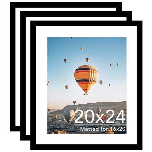JCJMY 20x24 Picture Frame with 16x20 Mat Set of 3 Display Photo 16x20 with Mat or 20 x 24 Without Mat Wall Hanging Large 20 by 24 Poster Frame with Plexiglass 3 Pack Black