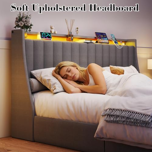 Image of Queen Size Bed Frame with Upholstered Storage Headboard and 4 Drawers