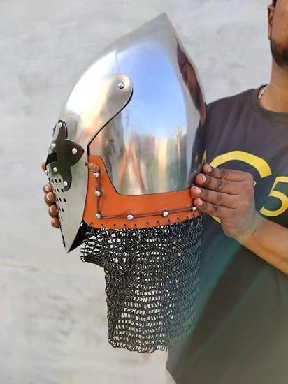 Medieval Knight Templar Helmet, Chainmail Armor with Visor, LARP Costume Accessory